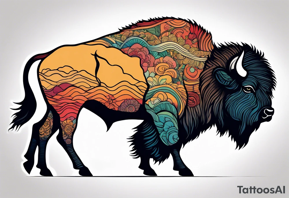 bison silhouette with grand prismatic spring colors tattoo idea