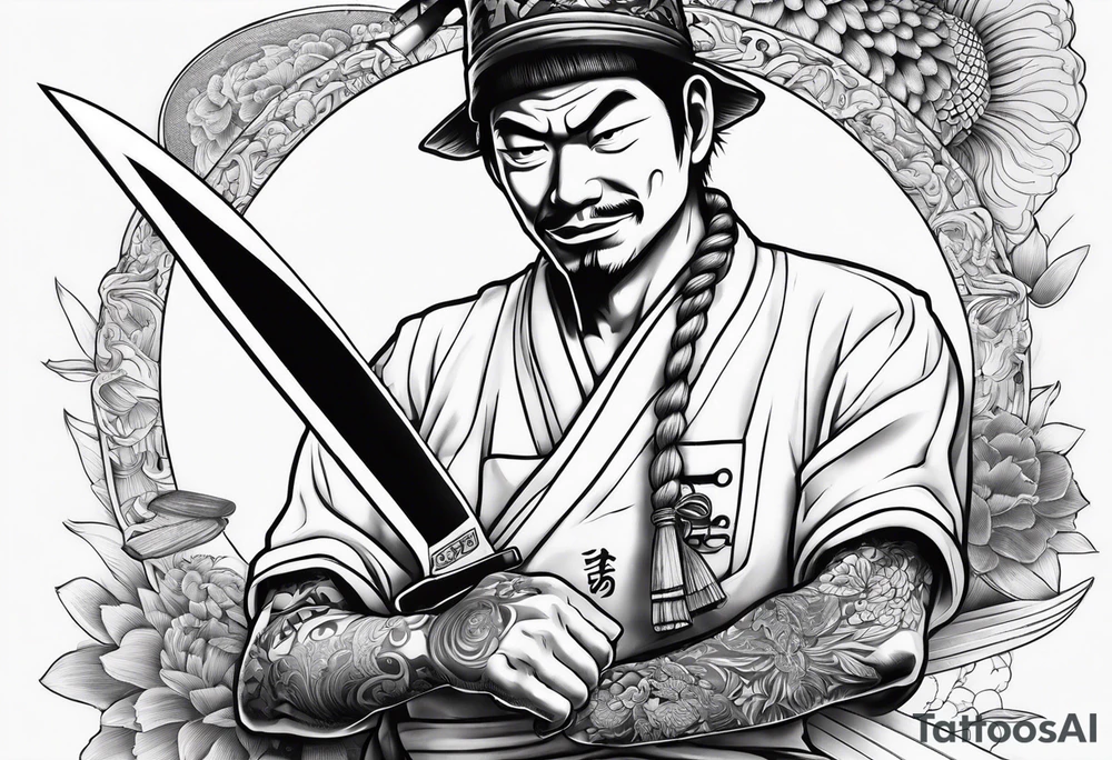 A japanese chef knife in front of Mugiwara Luffy tattoo idea