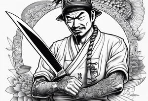 A japanese chef knife in front of Mugiwara Luffy tattoo idea