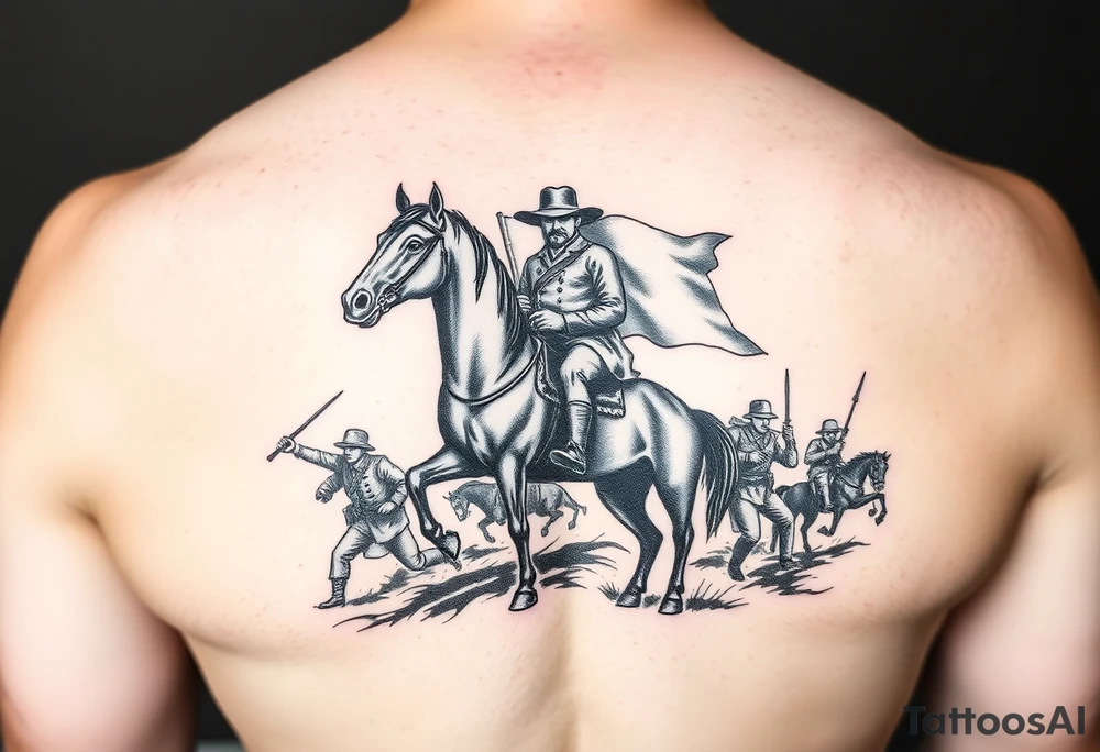Confederate flag with a portrait of stonewall Jackson on a horse add in a battle scene with confederate soldiers winning & Jefferson Davis on one side tattoo idea