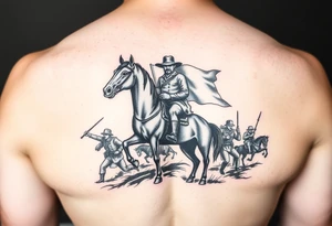 Confederate flag with a portrait of stonewall Jackson on a horse add in a battle scene with confederate soldiers winning & Jefferson Davis on one side tattoo idea
