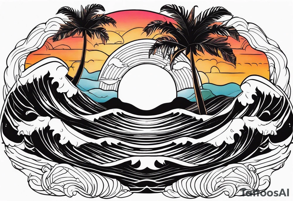 palm tree front of a sunset and waves tattoo idea