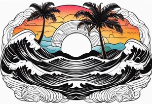 palm tree front of a sunset and waves tattoo idea