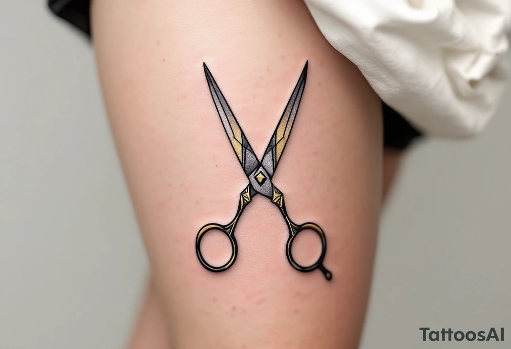 Geometric Scissors Tattoo – Scissors designed with sharp, angular lines and black ink to create a modern, minimalist geometric shape. The blades could have accents of gold to highlight their cutting edges. tattoo idea
