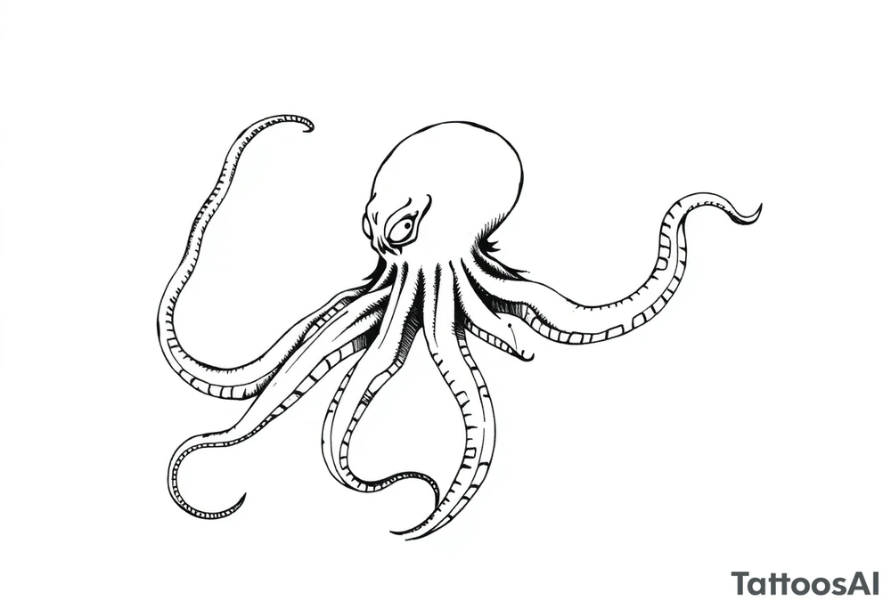 A minimalist blackwork tattoo design of an evil kraken The kraken is viewed from a 45-degree angle facing left, with its head centered. The tentacles extend only to the left and right, with none going downward beneath the head. the tentacles are quite long reaching to the left and right. The style is clean, fine-line detailing with bold outlines, avoiding heavy shading. The tentacles should be fluid, aggressive, and striking, enhancing the menacing and eerie look of the kraken while maintaining a cohesive design for a tattoo sleeve. tattoo idea