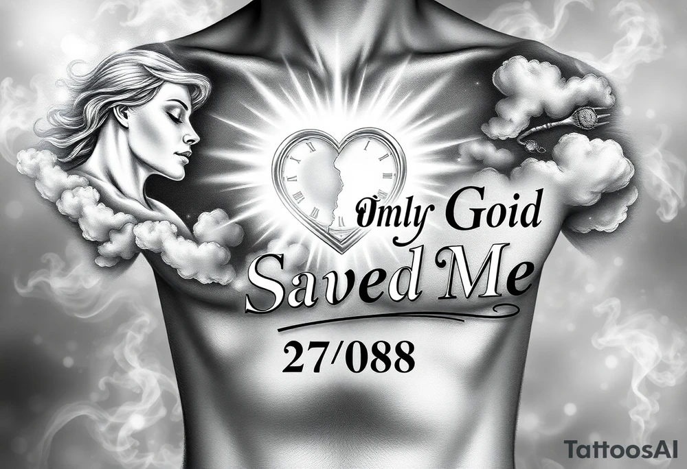 Black and gray realistic chest tattoo design.
A symbolic composition representing rebirth and protection.
On the left side, a female figure made of light — calm, maternal, protective — emerging from soft smoke and clouds.
In the center, a broken heart or cracked clock glowing from the inside, symbolizing survival and second chance.
On the right, rays of light spreading outward, blending with dark shadows.
Across the chest area, gothic lettering that says “Only God Saved Me”, large and elegant, with subtle highlights.
Include date 27·08 in Roman numerals below the text.
Artistic background of mist, soft smoke, and light particles, giving a sense of spirituality and rebirth.
Realistic shading, fine details, and balanced composition.
No human torso visible — just the tattoo design layout.
Black and gray tones, dramatic contrast, cinematic lighting. tattoo idea