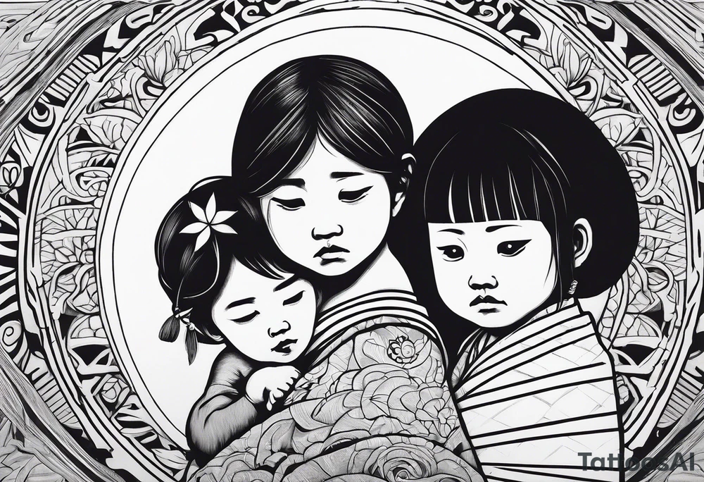 Sad little native girl with father spirit holding her tattoo idea