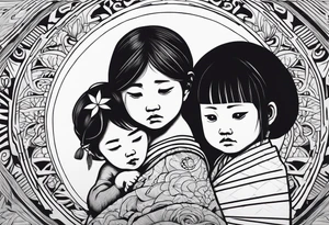 Sad little native girl with father spirit holding her tattoo idea