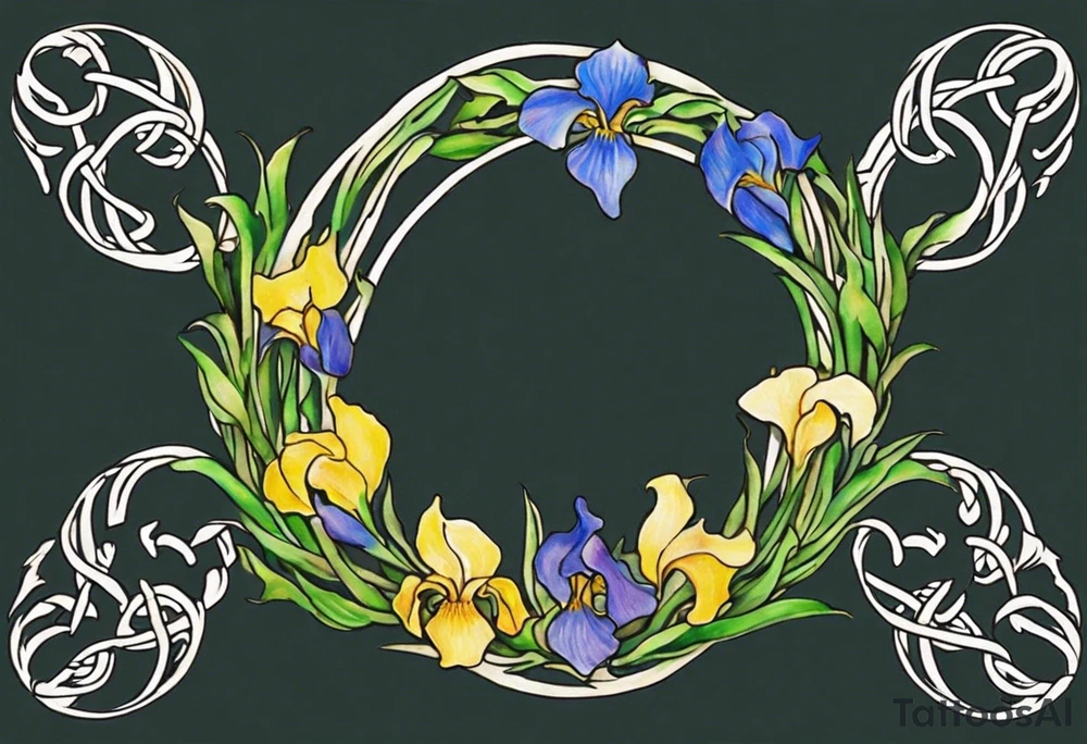 Create a small, colorful Vincent van Gogh Irises tattoo in the form of a crescent, with vines in Celtic knot style gracefully intertwining at a central point in the middle of the wreath. The intended placement is on the upper chest. The middle needs mountains. The overall design should be small in size while maintaining a delicate and artistic aesthetic. Pay attention to the graceful flow of the vines and the placement of the irises to achieve a refined and elegant look. tattoo idea