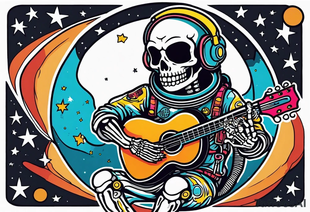 Skeleton astronaut playing acoustic guitar tattoo idea