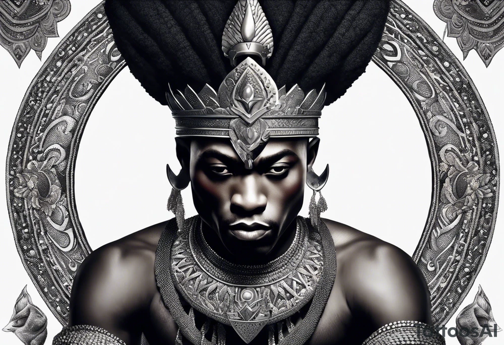 An african god, a bald black-skinned warrior, that uses a sword and a silver crown. He also uses blue and red necklaces tattoo idea
