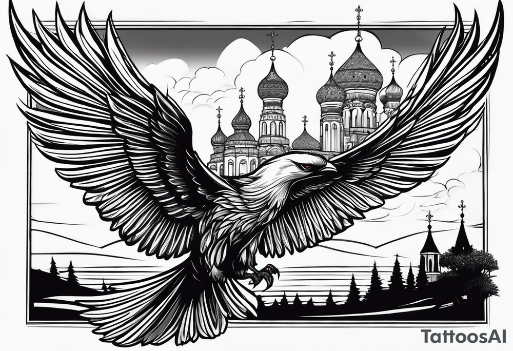 russian firebird in-flight with fancy tail and small onion cap monastery towers in background, with "Isaiah 43: 18-19" tattoo idea