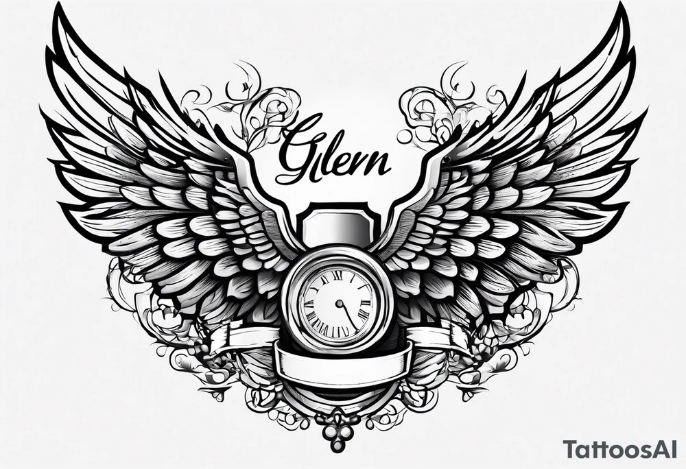 Simple tattoo with the word Glenn on a banner and angel wings tattoo idea