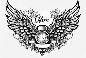 Simple tattoo with the word Glenn on a banner and angel wings tattoo idea