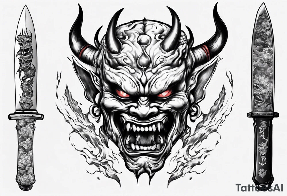 Knife with Japanese demon coming out of the blade tattoo idea