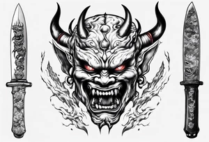 Knife with Japanese demon coming out of the blade tattoo idea