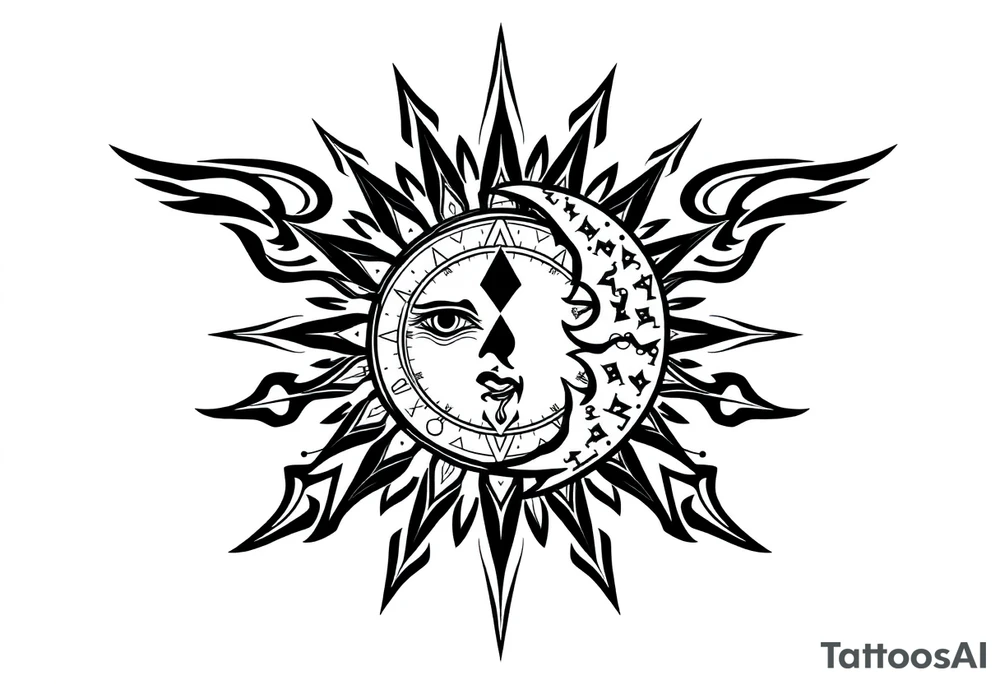 celestial sun and moon embrace with constellation patterns tattoo idea