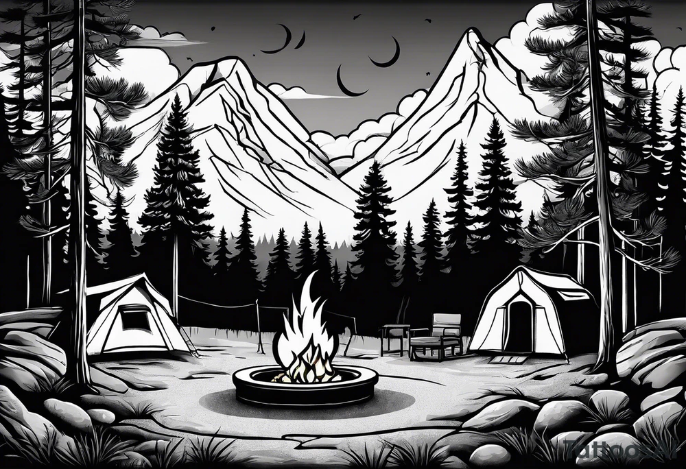 Campground with onr small tent and small fire pit with smoke pillowing out of it. three large pine trees being the focus in the background. tattoo idea