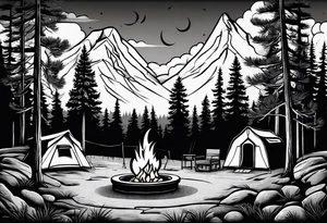 Campground with onr small tent and small fire pit with smoke pillowing out of it. three large pine trees being the focus in the background. tattoo idea