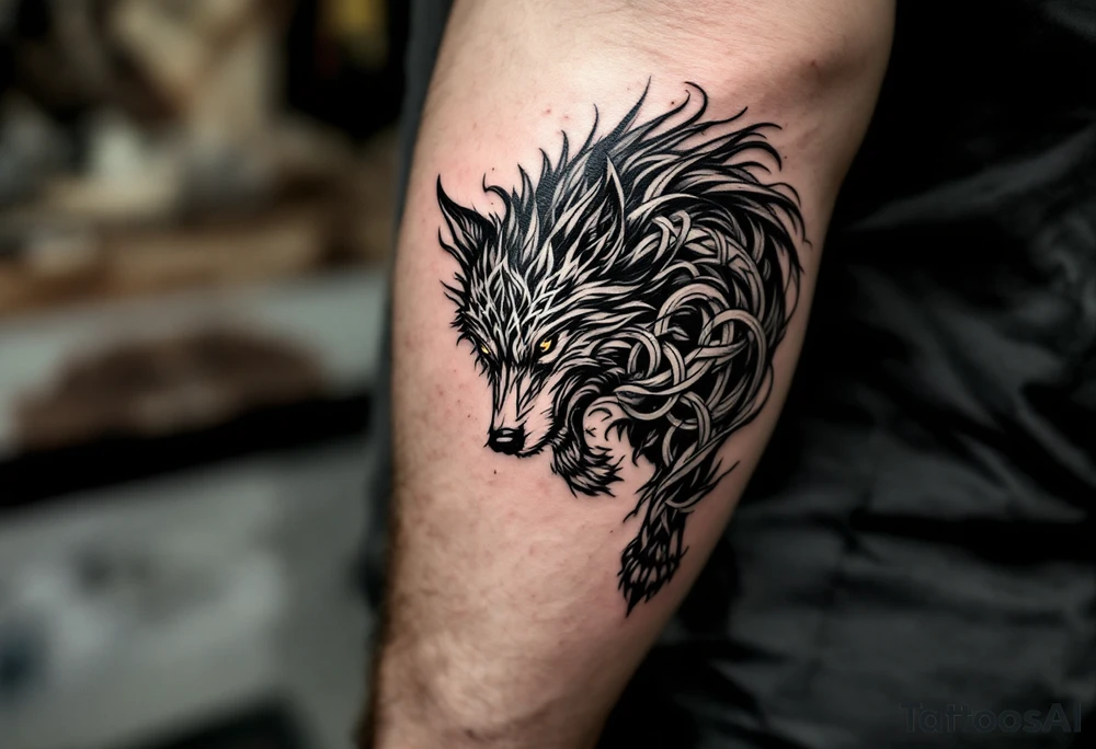 Running Celtic Wolf – Full-body wolf in motion, made from flowing interwoven silver and charcoal-black knotwork, symbolizing freedom and strength. tattoo idea