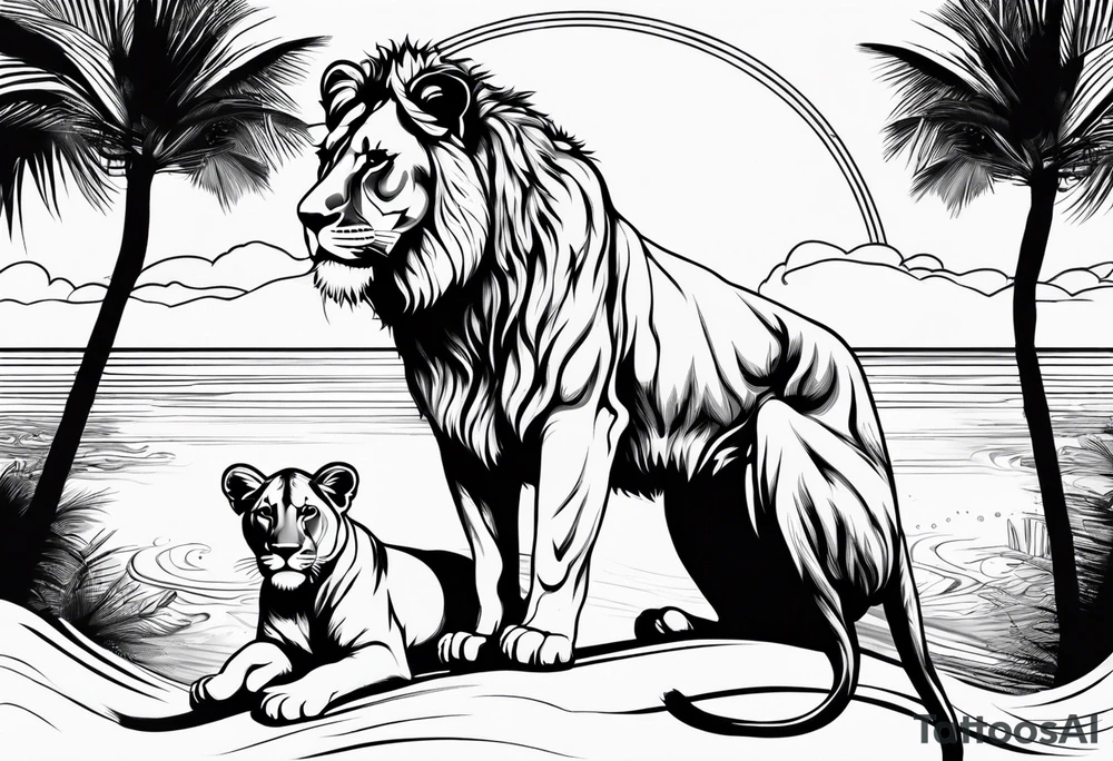 lioness and cub sun palm tree tattoo idea