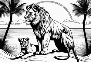 lioness and cub sun palm tree tattoo idea