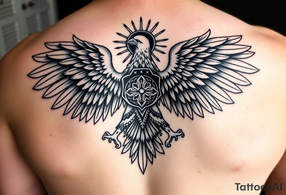 i am looking at getting a russian / serbian style eagle spread out on my back neck across my shoulders / traps in a orthodox christian style setting with a sun beaming and in a mountainous setting give me some ideas tattoo idea