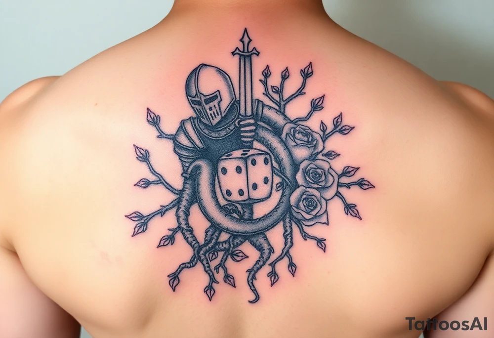 knight and squid intertwined with tree roots and roses rolling dice tattoo idea