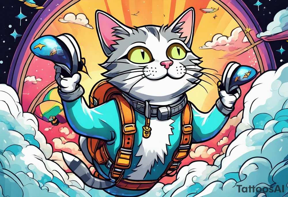 cat going skydiving in the rick and morty style tattoo idea