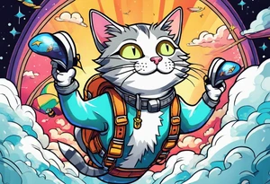 cat going skydiving in the rick and morty style tattoo idea