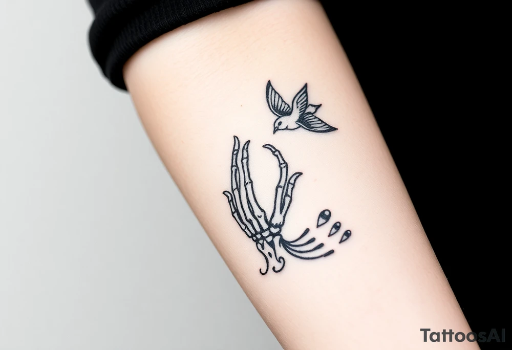 Skeleton hand reaching out of the ocean for a flying swallow in the Sailor Jerry style tattoo idea