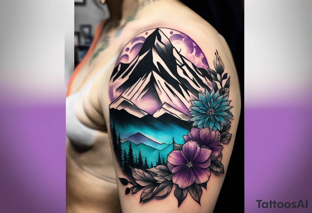 half sleeve tattoo on my shoulder. It features pikes Peak mountain, with a compass rose rising up from behind the mountain like a sunrise. In front of the mountains, there are purple and teal flowers. tattoo idea