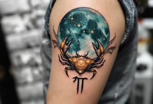 The Cancer stars constellatiob in gold over a moody teal moon, with the Cancer symbol etched in black beneath. tattoo idea