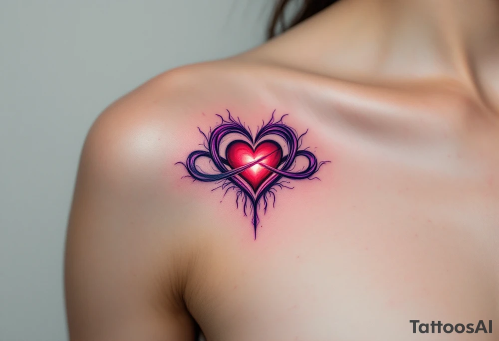 A purple and black shaded infinity symbol wrapping around a glowing red heart in the middle. tattoo idea
