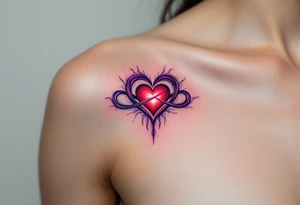 A purple and black shaded infinity symbol wrapping around a glowing red heart in the middle. tattoo idea