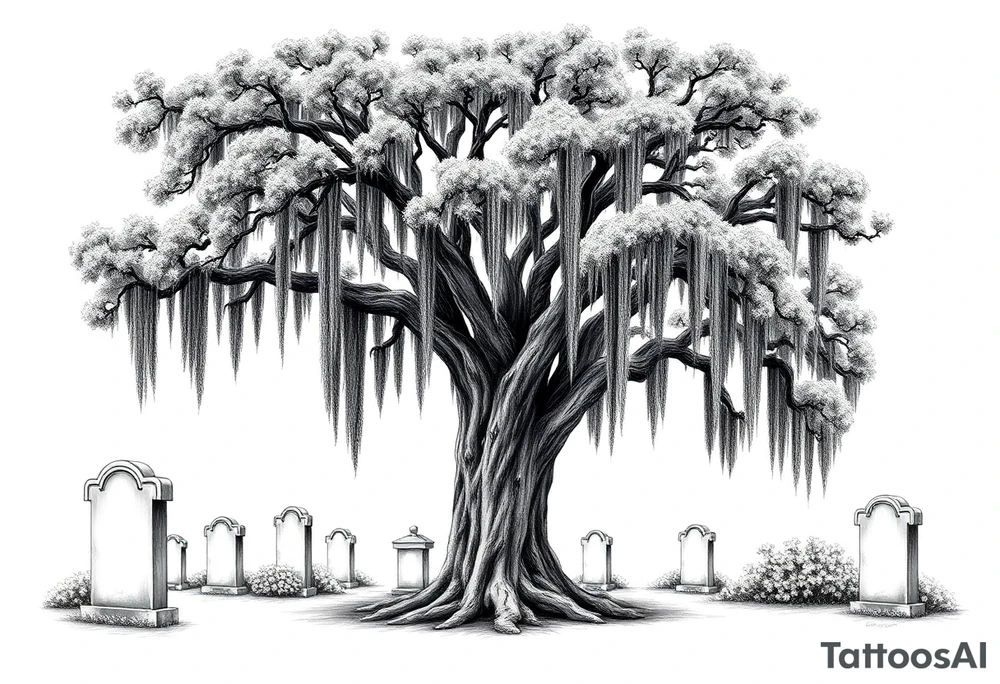 Laurel oak with Spanish moss in a cemetery tattoo idea