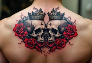 A pair of crowned skulls surrounded by black roses and crimson smoke. tattoo idea