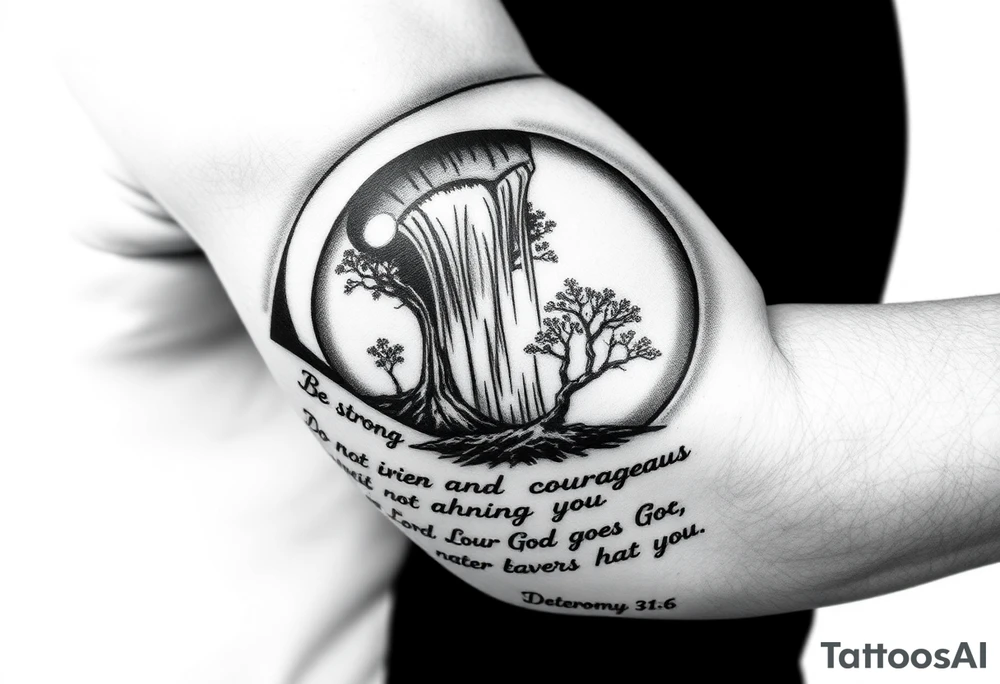 Eyeball with waterfall flowing out of it and under have a tree and under that have the verse Be strong and courageous. Do not be afraid or terrified
because of them, for the Lord your God goes with you; he will never leave you nor forsake you." Deuteronomy 31:6 tattoo idea
