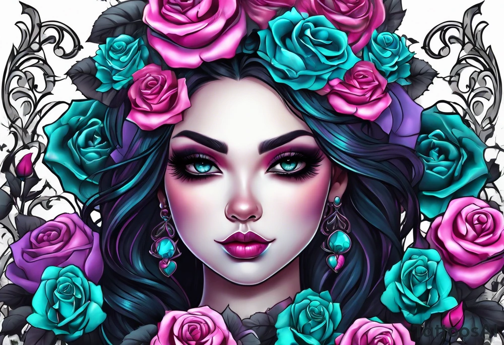 Chubby gothic girl, roses, skulls, teal, pink, purple tattoo idea