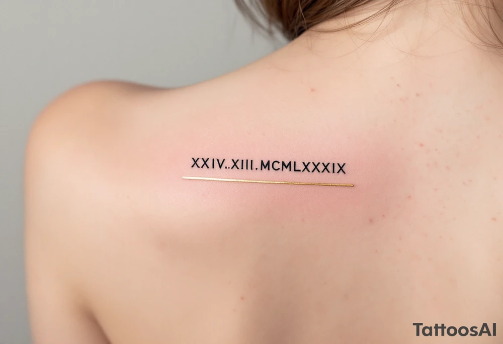 lassic XXIV.XII.MCMLXXXIX across the back in solid black with gold accent lines running underneath. tattoo idea