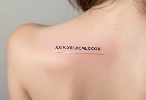 lassic XXIV.XII.MCMLXXXIX across the back in solid black with gold accent lines running underneath. tattoo idea