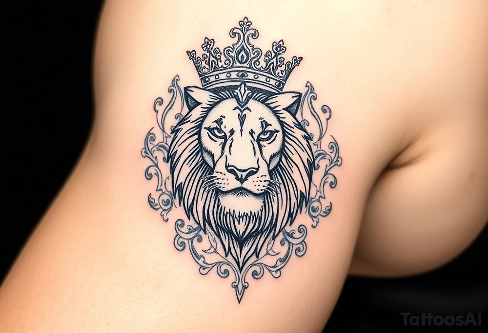 majestic lion wearing ornate crown, surrounded by baroque flourishes tattoo idea