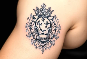 majestic lion wearing ornate crown, surrounded by baroque flourishes tattoo idea