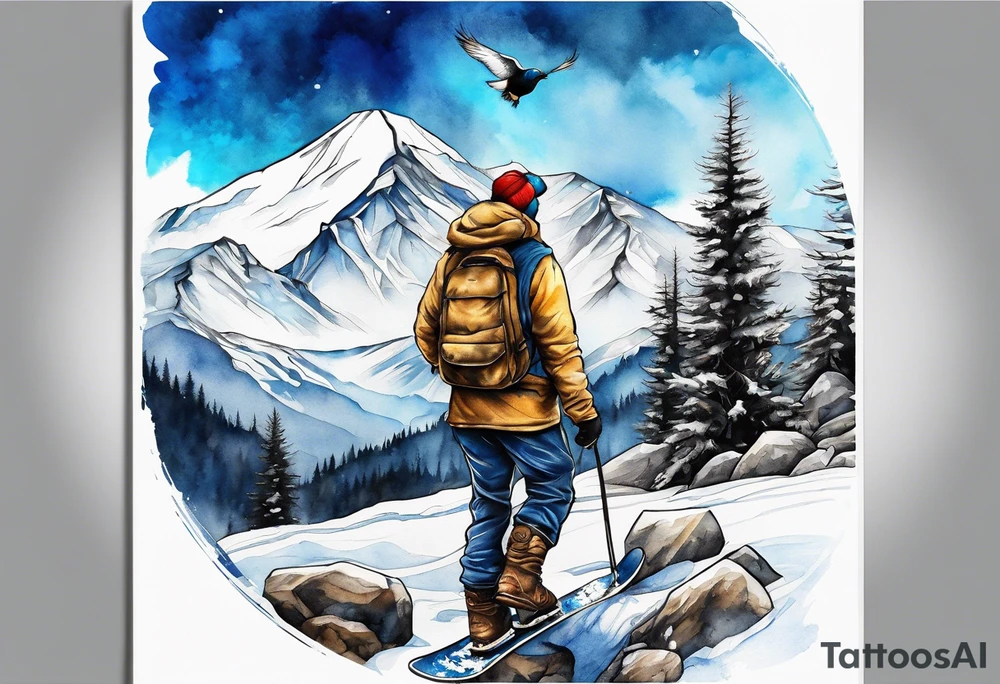 10 mile range, snowboarding, snow capped mountain, gold mining, blue bird sky tattoo idea