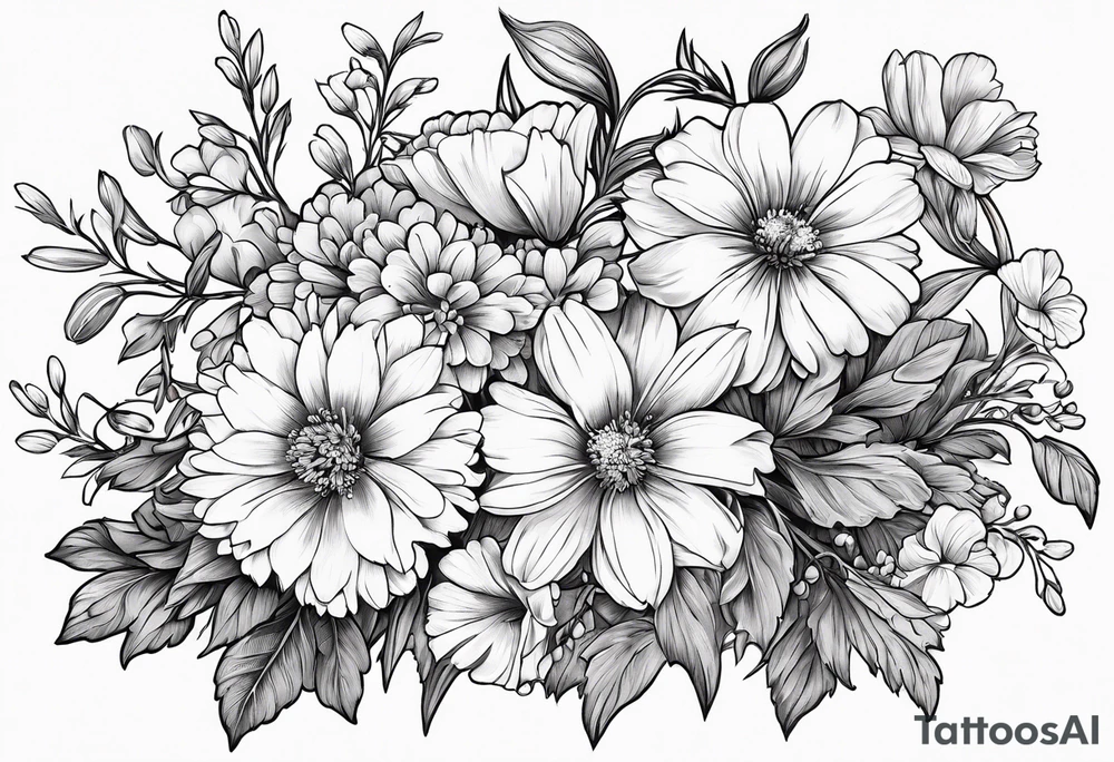 Small sketched bouquet of flowers larkspur carnation violet daisy all flowers with stem tie with bow at bottom tattoo idea