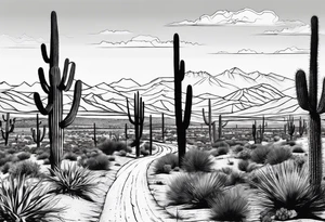 Running through desert with two cacti, road and numbers 13.1 tattoo idea