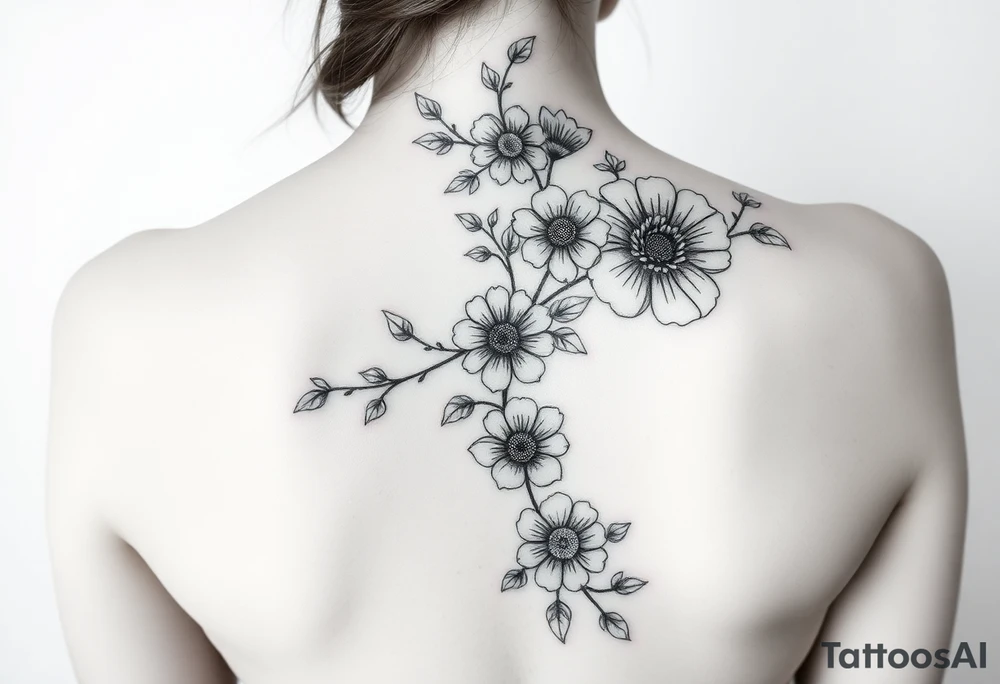 A spine tattoo a flower vine going down the whole back With the flowers Honeysuckle Chrysanthemum  waterlily Gladiolus Daisy sweet pea rose tattoo idea