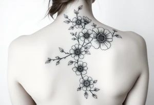 A spine tattoo a flower vine going down the whole back With the flowers Honeysuckle Chrysanthemum  waterlily Gladiolus Daisy sweet pea rose tattoo idea