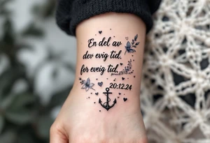 make a qoute sayin "En del av deg for evig tid. 
Pappa 20.12.24"
Surround the quote with delicate long blossom gladious, music notes, hearts and an anchor tattoo idea