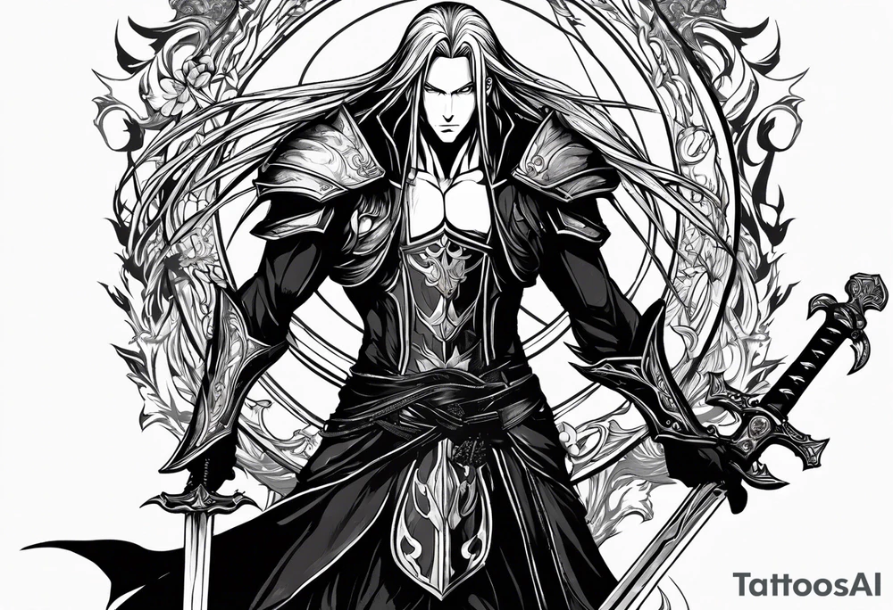 Sephiroth surrounded by flames with his sword and full armour tattoo idea